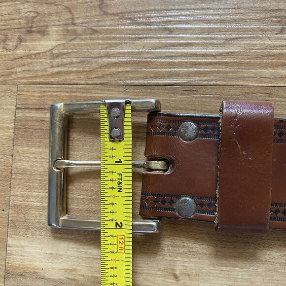VTG Mens 34 Brown Tooled Leather Western Cowboy Belt Adjustable Gold Buckle Work - Picture 12 of 15